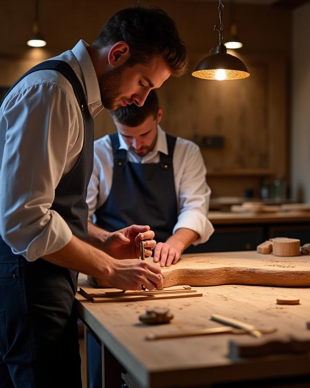 Artigiani italiani che lavorano in un atelier di falegnameria elegante e moderno.