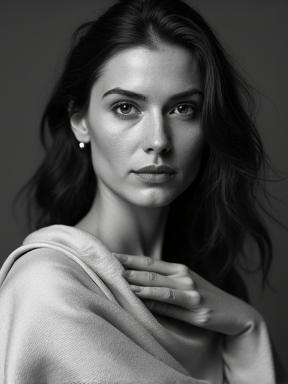 Ritratto in bianco e nero di Elena Conti, l'Esperta in Tessuti e Tappeti.