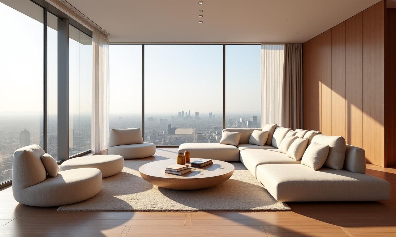 Sala living di un attico di lusso a Milano, con finestre a tutta altezza, divano in lino chiaro e tavolino scultoreo.