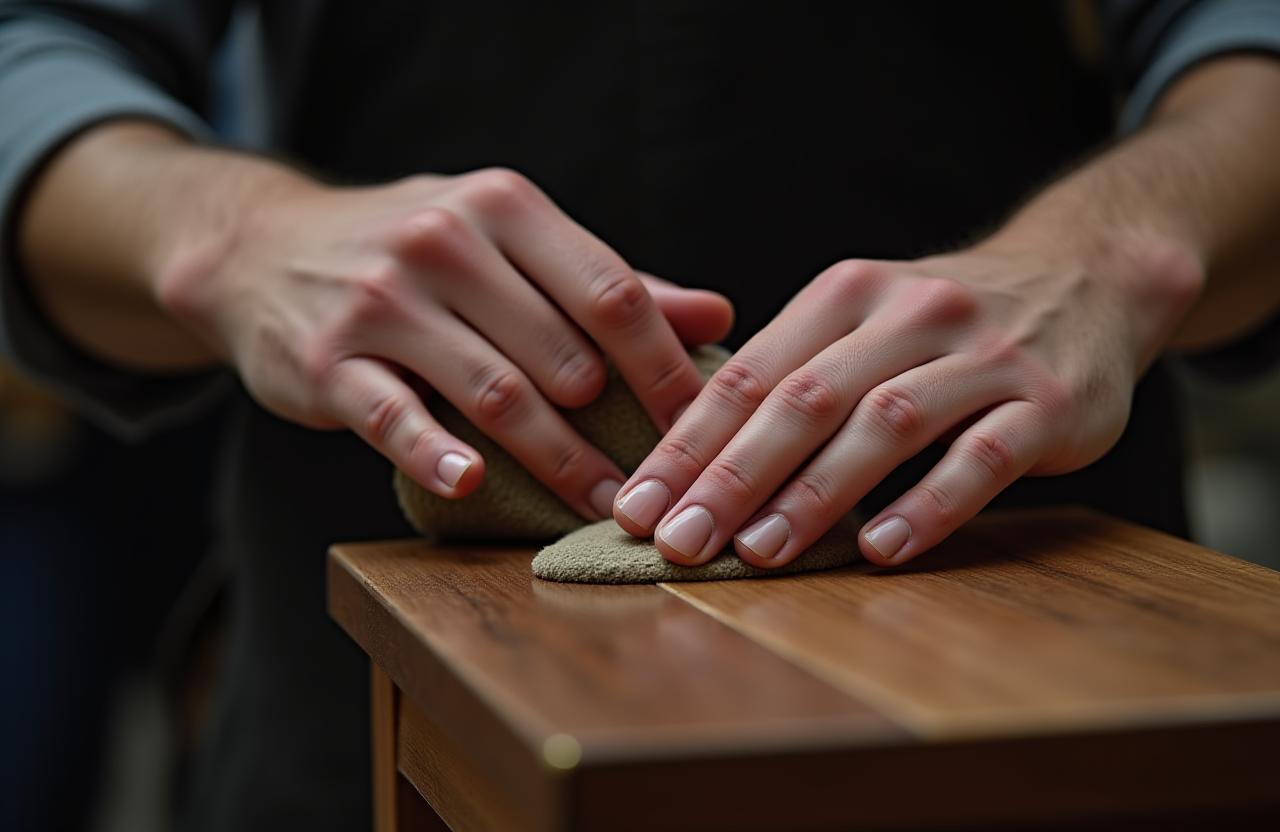 Dettaglio di artigianato di lusso: mani che lucidano una superficie in legno pregiato.