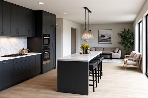 Rendering di un concept d'interni completo che mostra una cucina open-space in toni neutri e finiture di lusso.