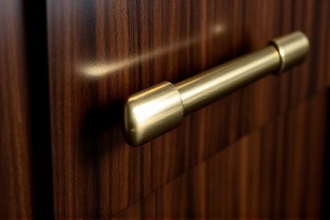 Dettaglio di un mobile in legno di noce lucido con maniglie in ottone, realizzato su misura.