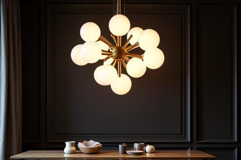 Lampadario scultoreo in ottone e vetro soffiato che illumina elegantemente una sala da pranzo moderna.