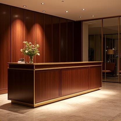 Lobby di un elegante boutique hotel a Roma, con bancone in legno scuro e dettagli in pelle.
