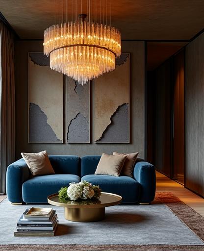Interni di un attico di lusso a Milano, con divani in velluto e lampadari di design.
