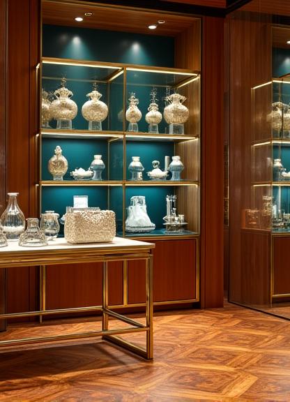 Interno di una boutique di alta moda, con espositori in metallo dorato e pavimento in parquet intarsiato.
