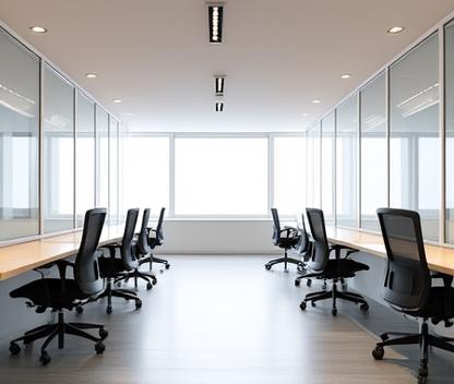 Ufficio open space moderno a Milano, con pareti vetrate e scrivanie in rovere chiaro.