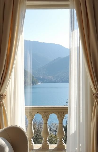 Vista dall'interno di una villa sul Lago di Como, con drappeggi sartoriali e mobili classici moderni.
