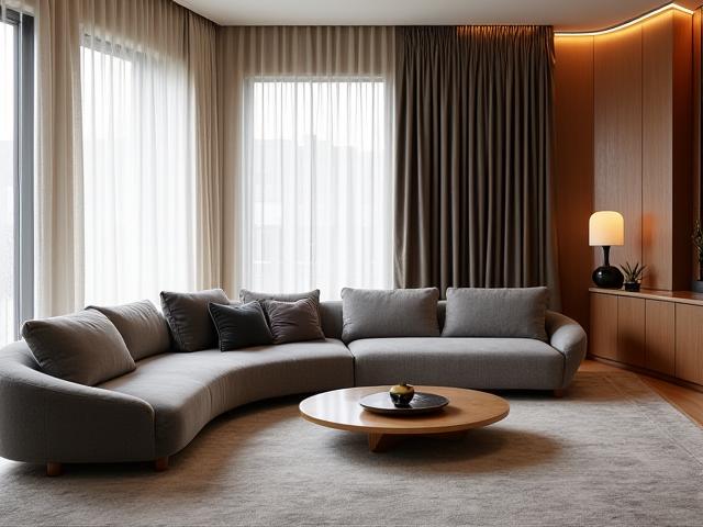 Interno di design lussuoso con mobili su misura e tessuti pregiati.