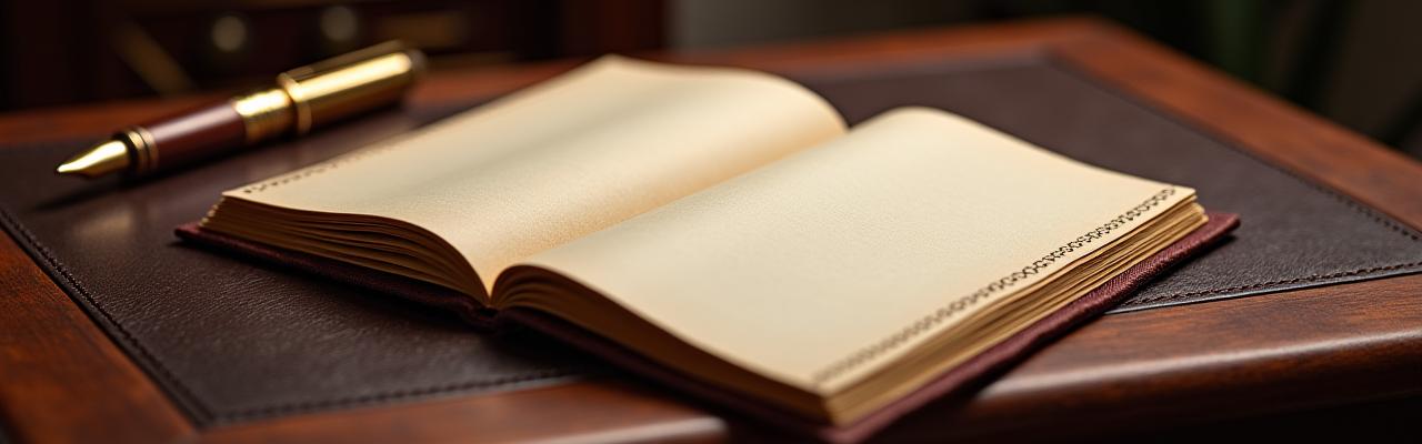 Un quaderno legale in pelle color cuoio con una penna stilografica d'oro su una raffinata scrivania di legno scuro, simbolo di accordi e professionalità.